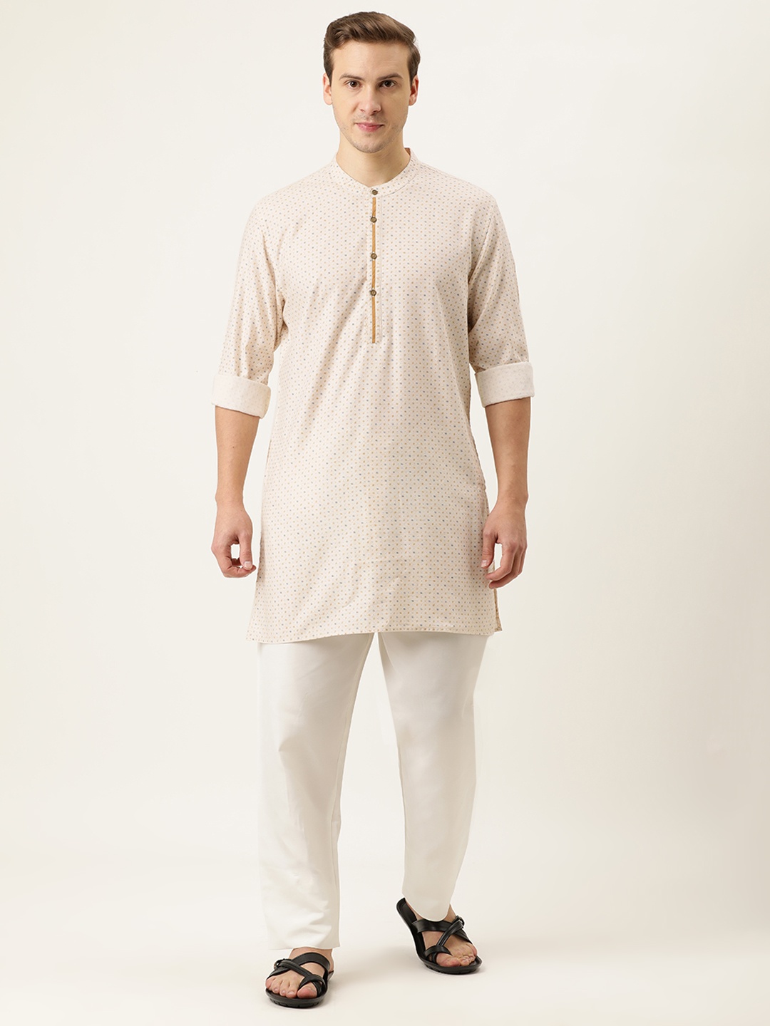 

IVOC Men Off White & Navy Blue Printed Dobby Kurta