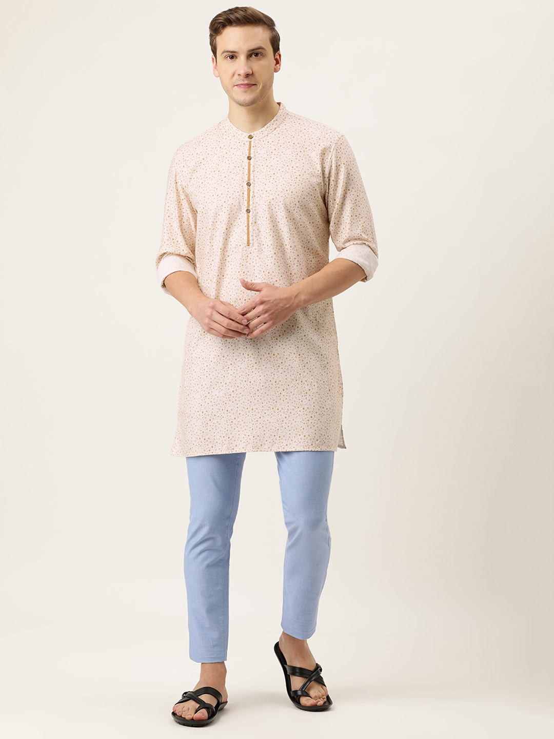 

IVOC Men Off White Floral Printed Dobby Kurta