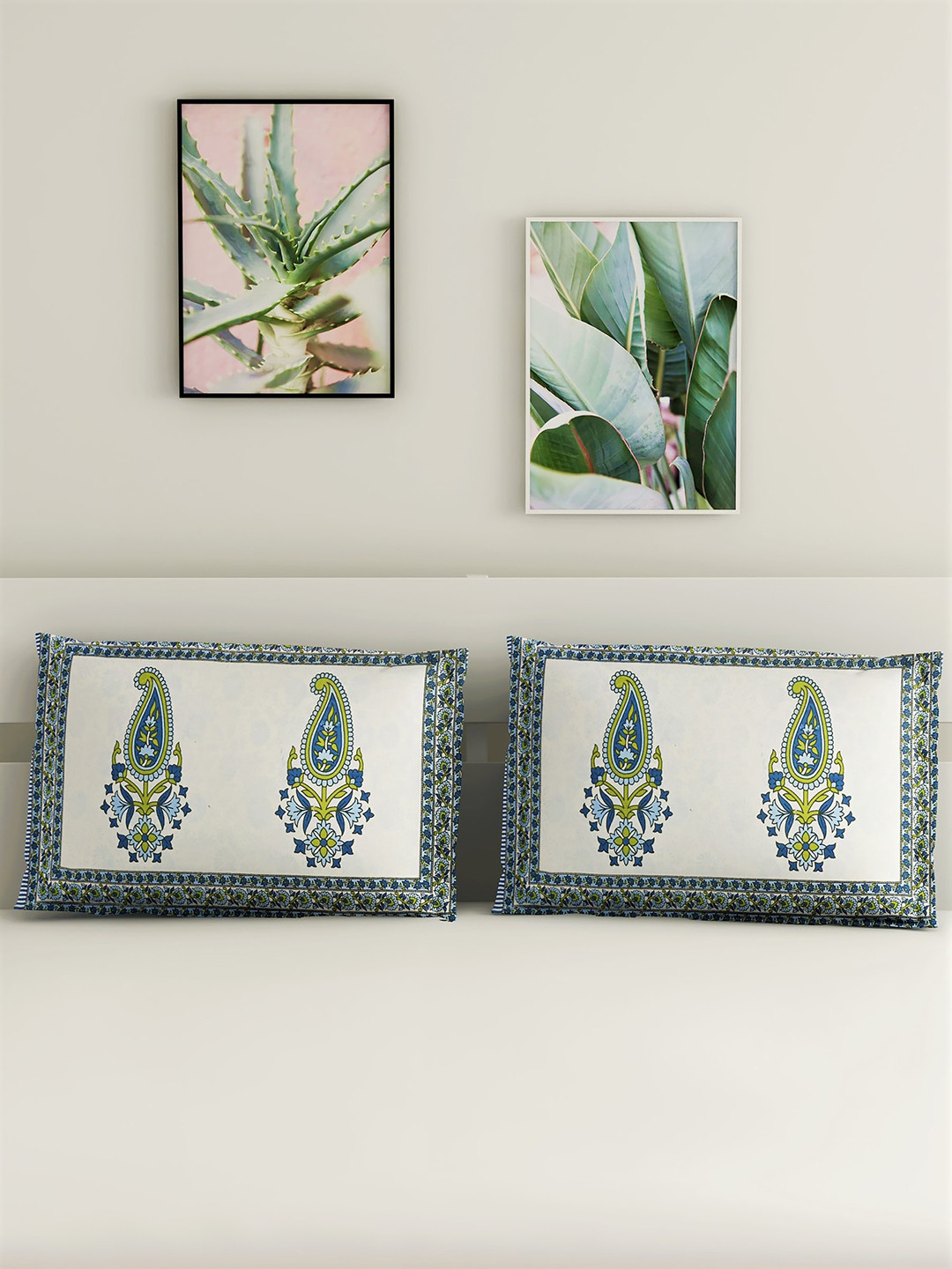 

Salona Bichona Set Of 2 Blue & White Printed Cotton Pillow Covers