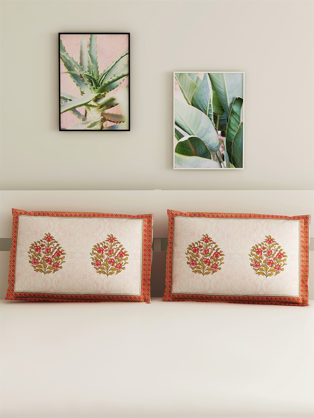 

Salona Bichona Set Of 2 Cream-Coloured & Pink Floral Printed Pure Cotton 120 TC Pillow Covers