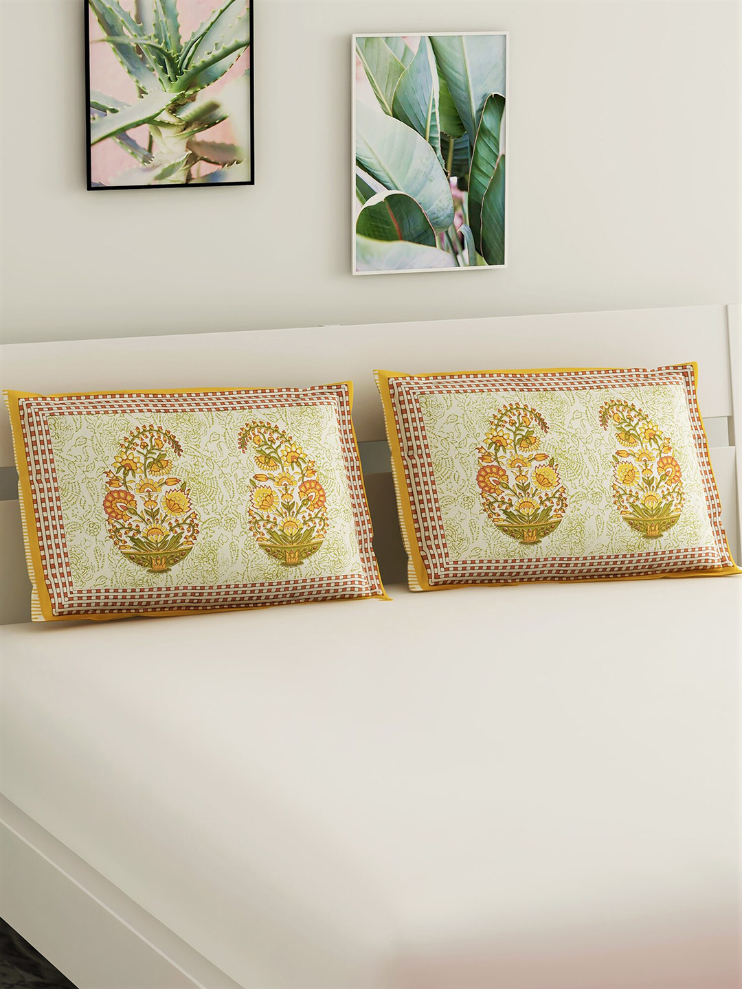 

Salona Bichona Set Of 2 Cream-Coloured & Green Jaipuri Printed Pure Cotton 120 TC Pillow Covers