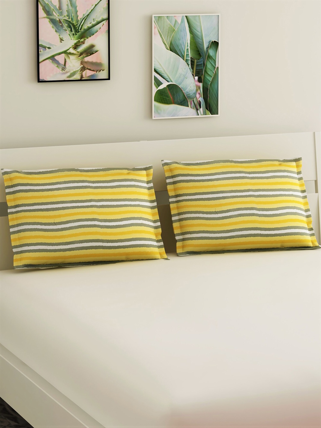 

Salona Bichona Set Of 2 Yellow & White Striped Pure Cotton Pillow Covers