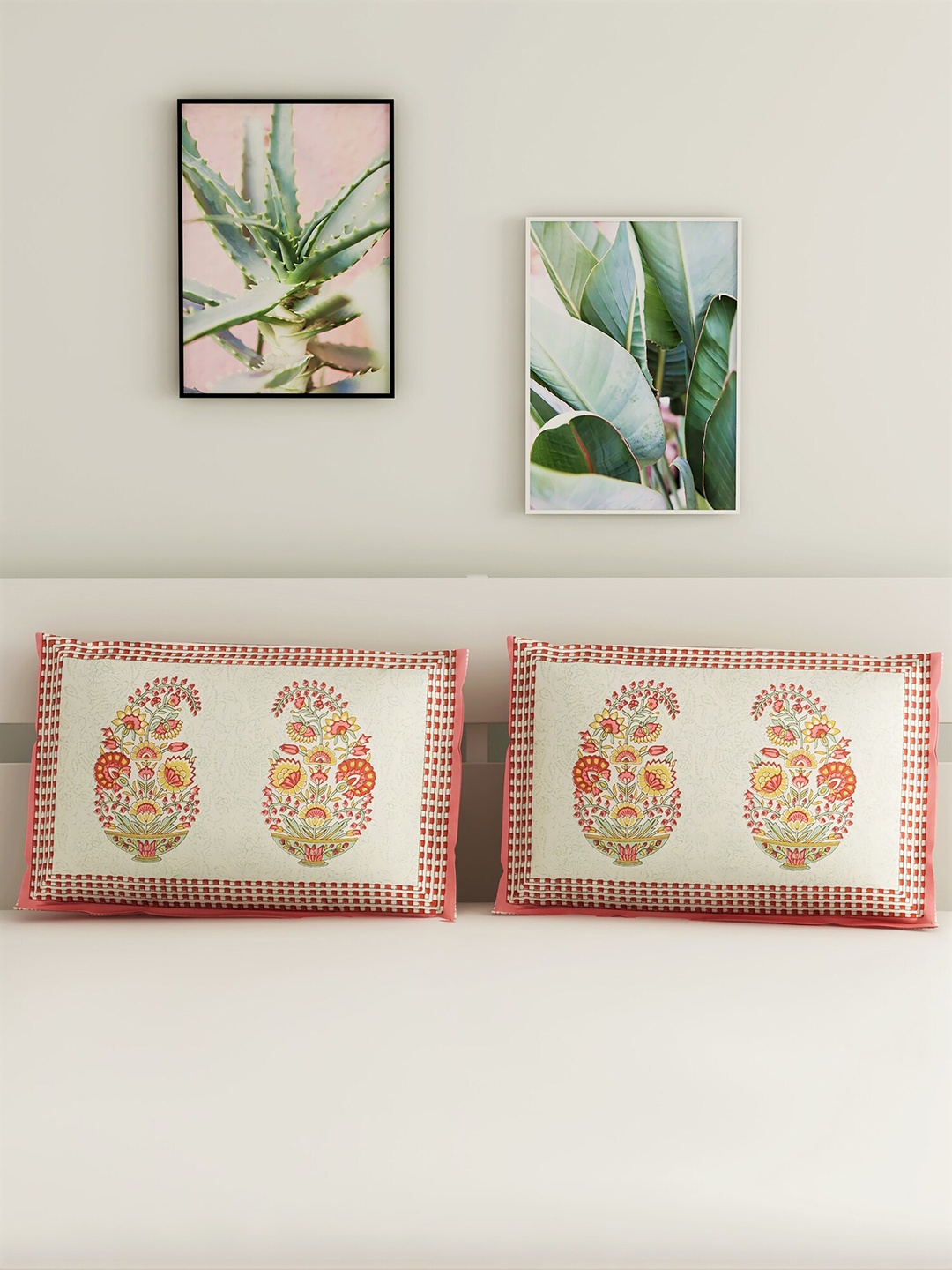 

Salona Bichona Set Of 2 Cream-Coloured & Red Printed Pillow Covers