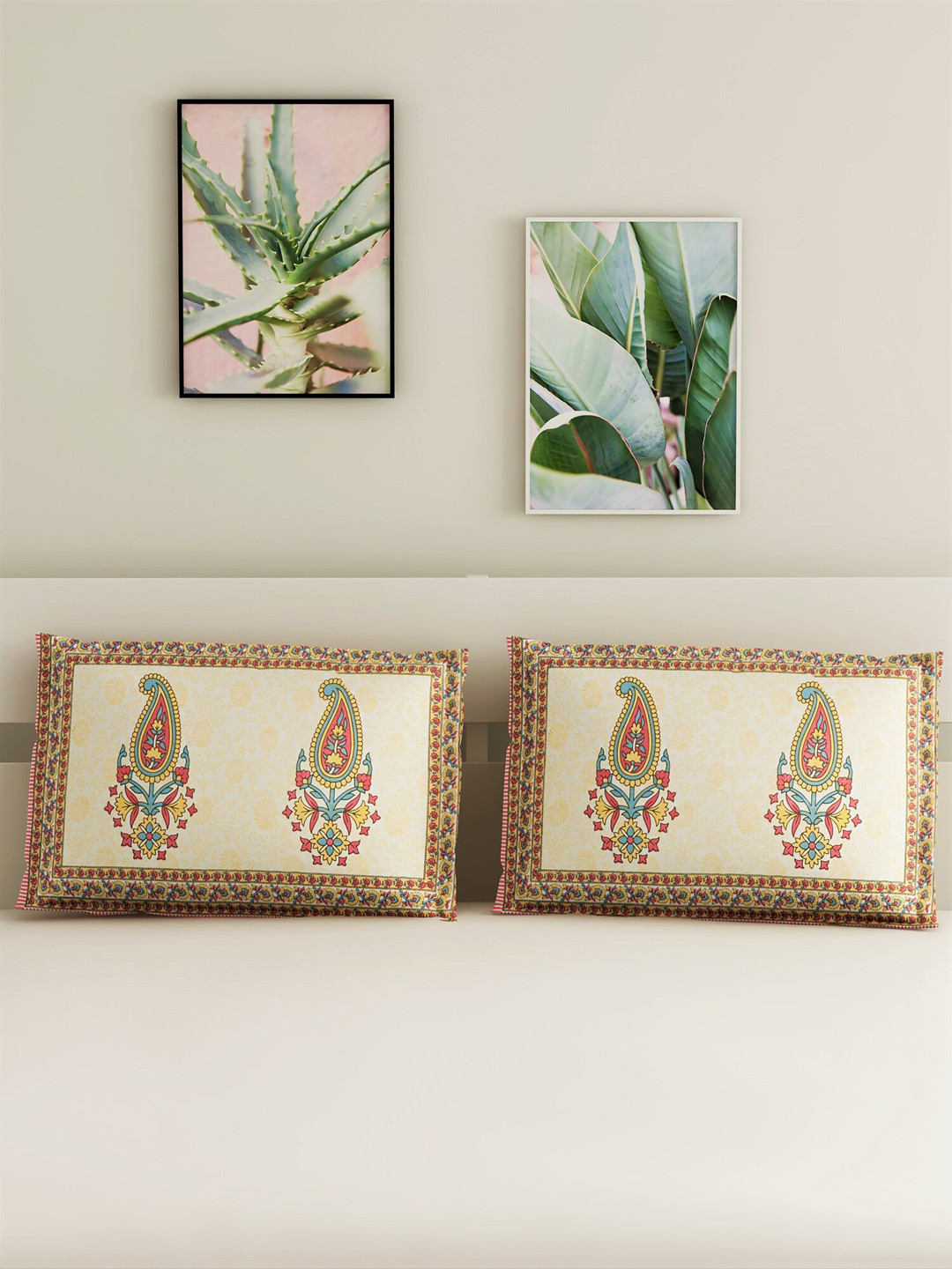 

Salona Bichona Set Of 2 Cream-Coloured & Orange Jaipuri Floral Printed Pure Cotton 120 TC Pillow Covers