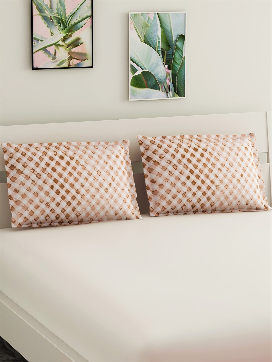 

Salona Bichona Set Of 2 Brown & Off-White Checked Pure Cotton Pillow Covers