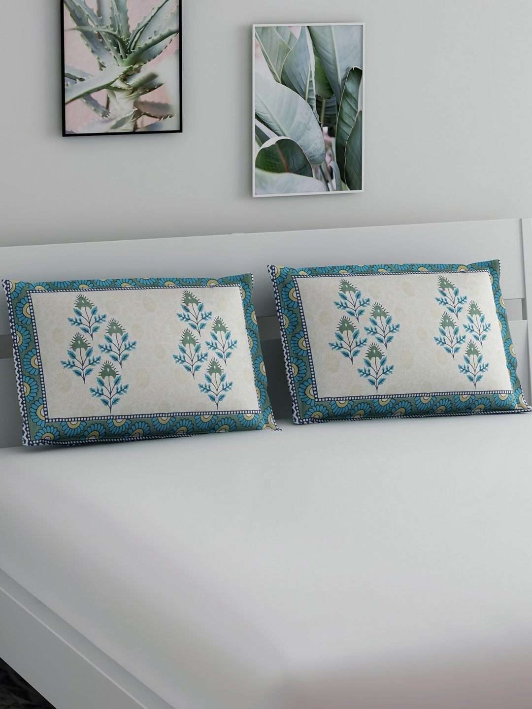 

Salona Bichona Set Of 2 Cream-Coloured & Blue Jaipuri Floral Printed Pure Cotton 120 TC Pillow Covers