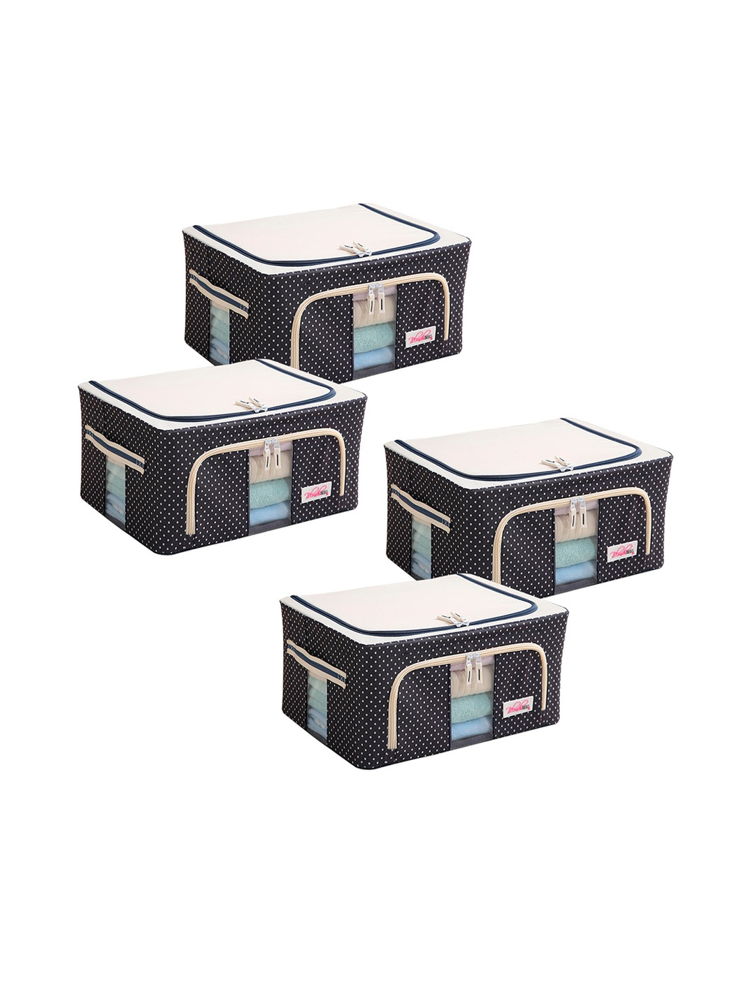 

BlushBees Set Of 4 Navy Blue & White Polka Dot Printed Wardrobe Organiser