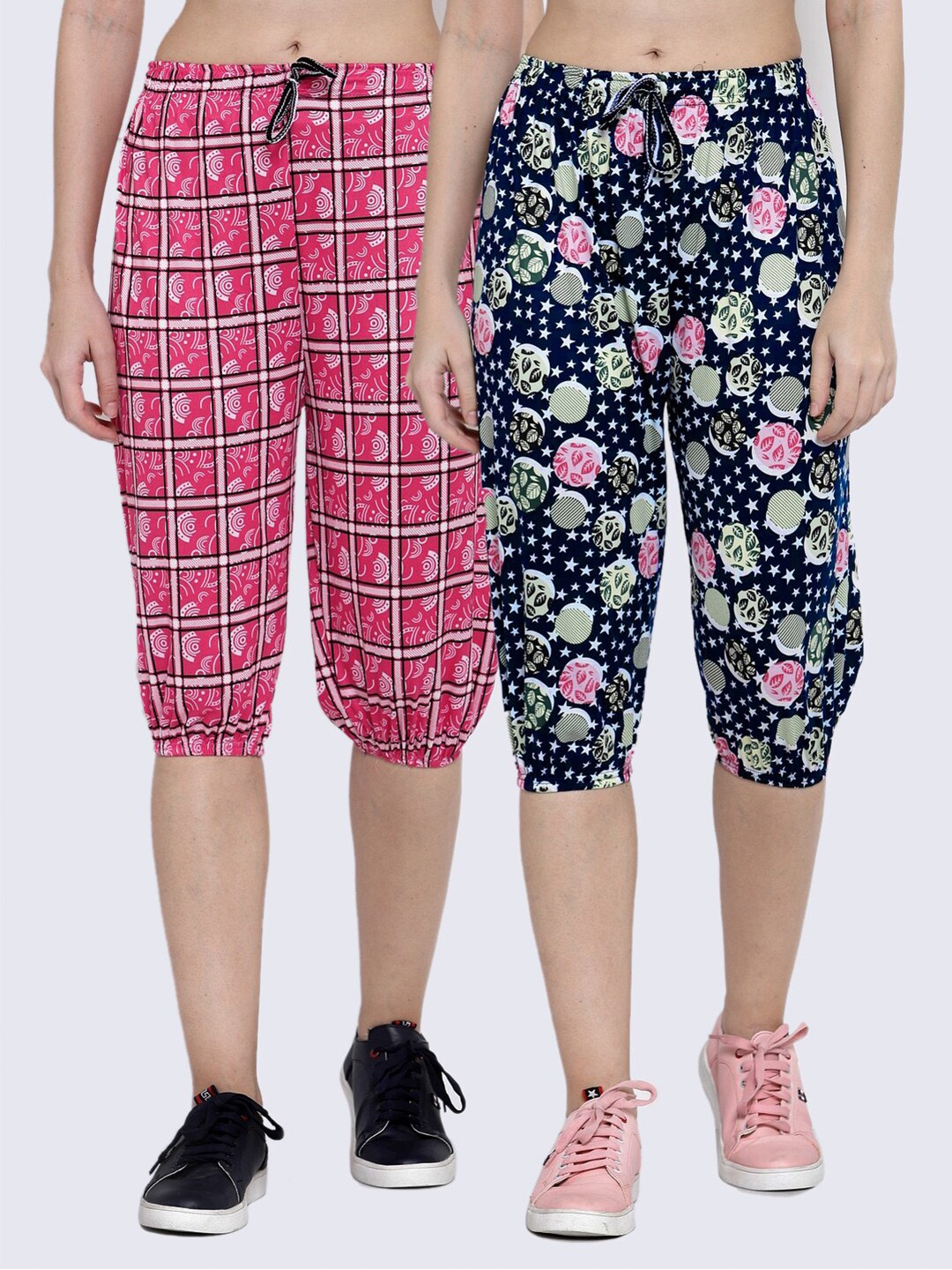 

KLOTTHE Women Pink & Blue Set of 2 Printed Capris