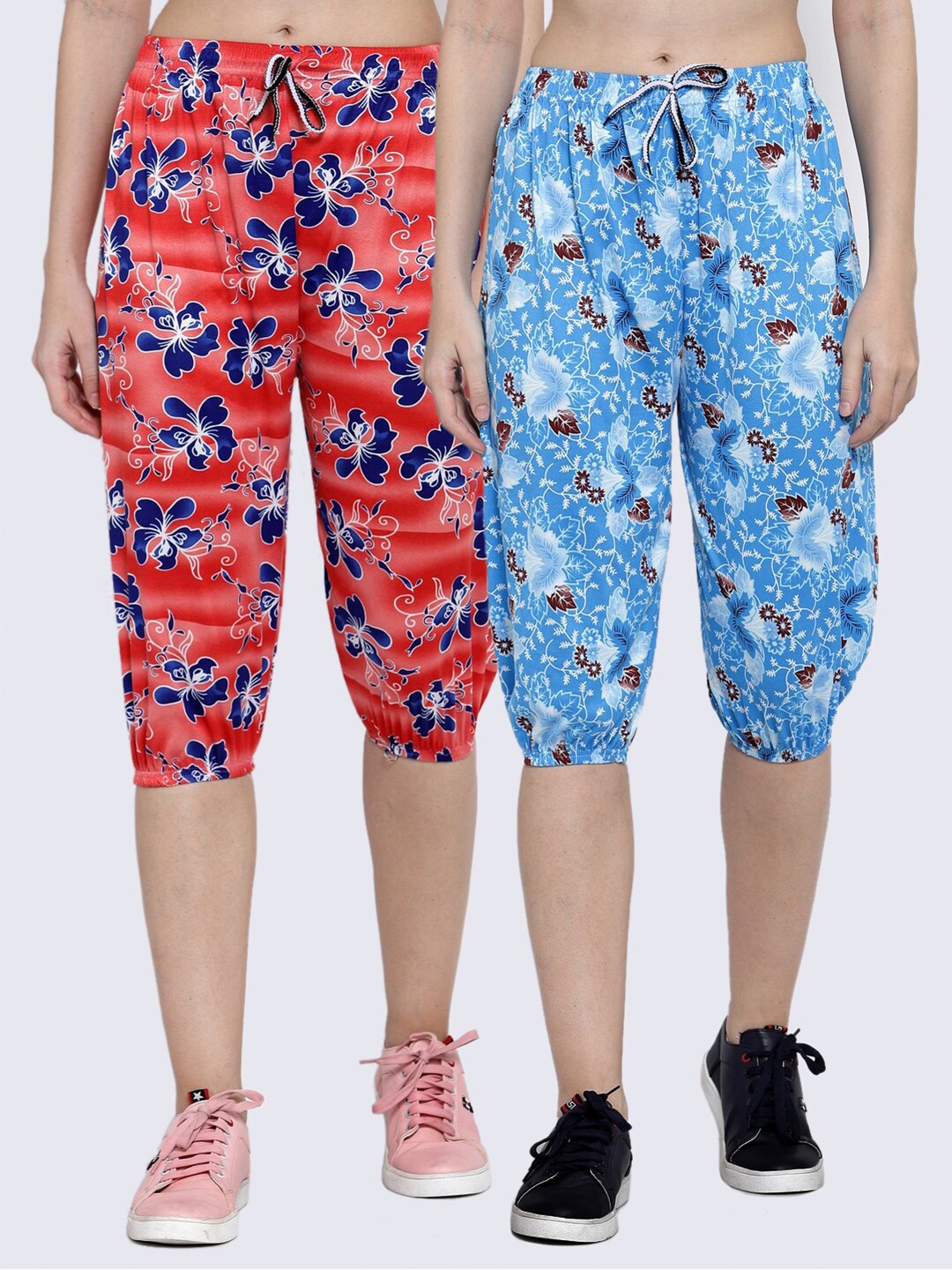 

KLOTTHE Women Set of 2 Blue & Red Printed Capris