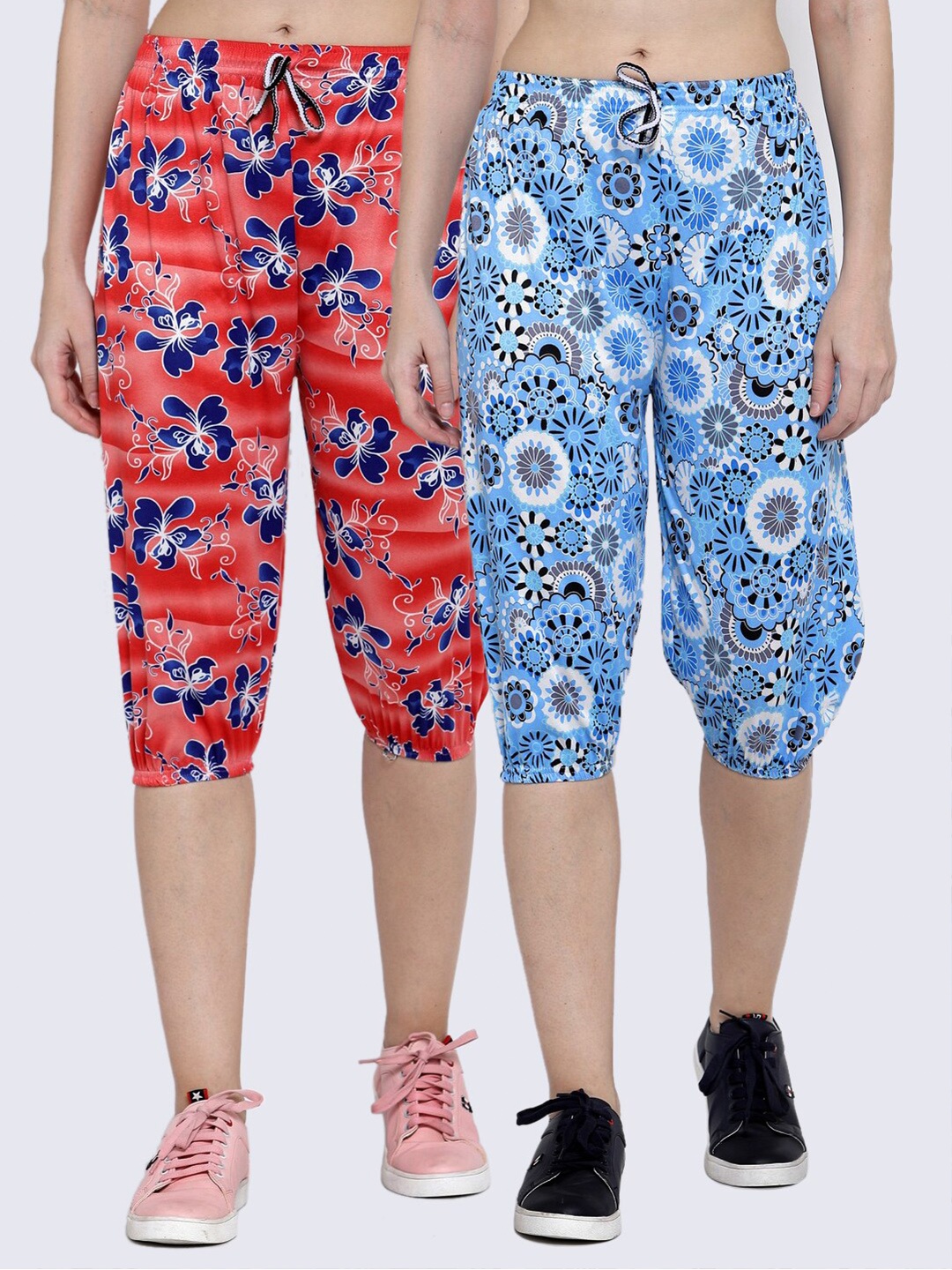 

KLOTTHE Women Pack of 2 Blue & Red Floral Printed Capris
