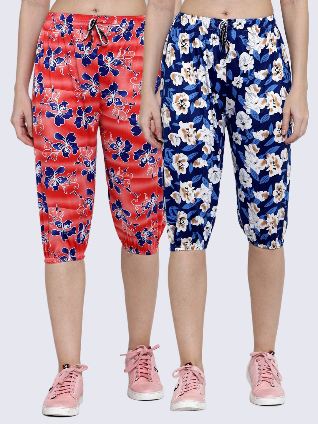 

KLOTTHE Women Pack of 2 Blue & Red Printed Mid-Rise Capris