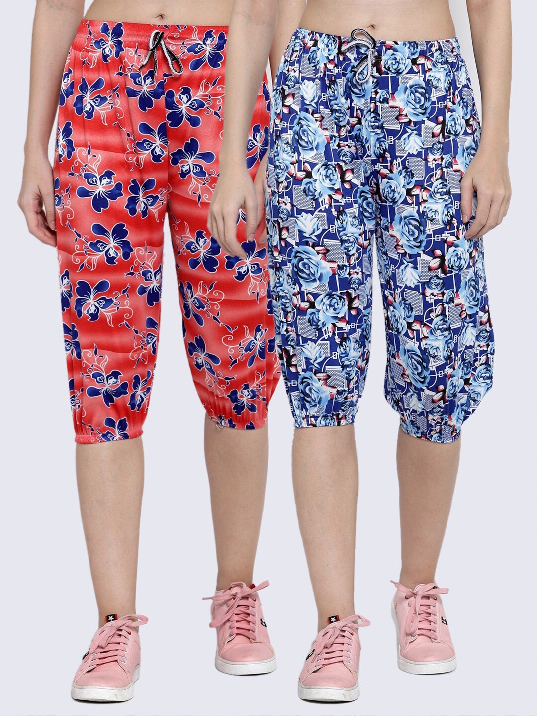 

KLOTTHE Women Pack of 2 Red & Blue Printed Capris