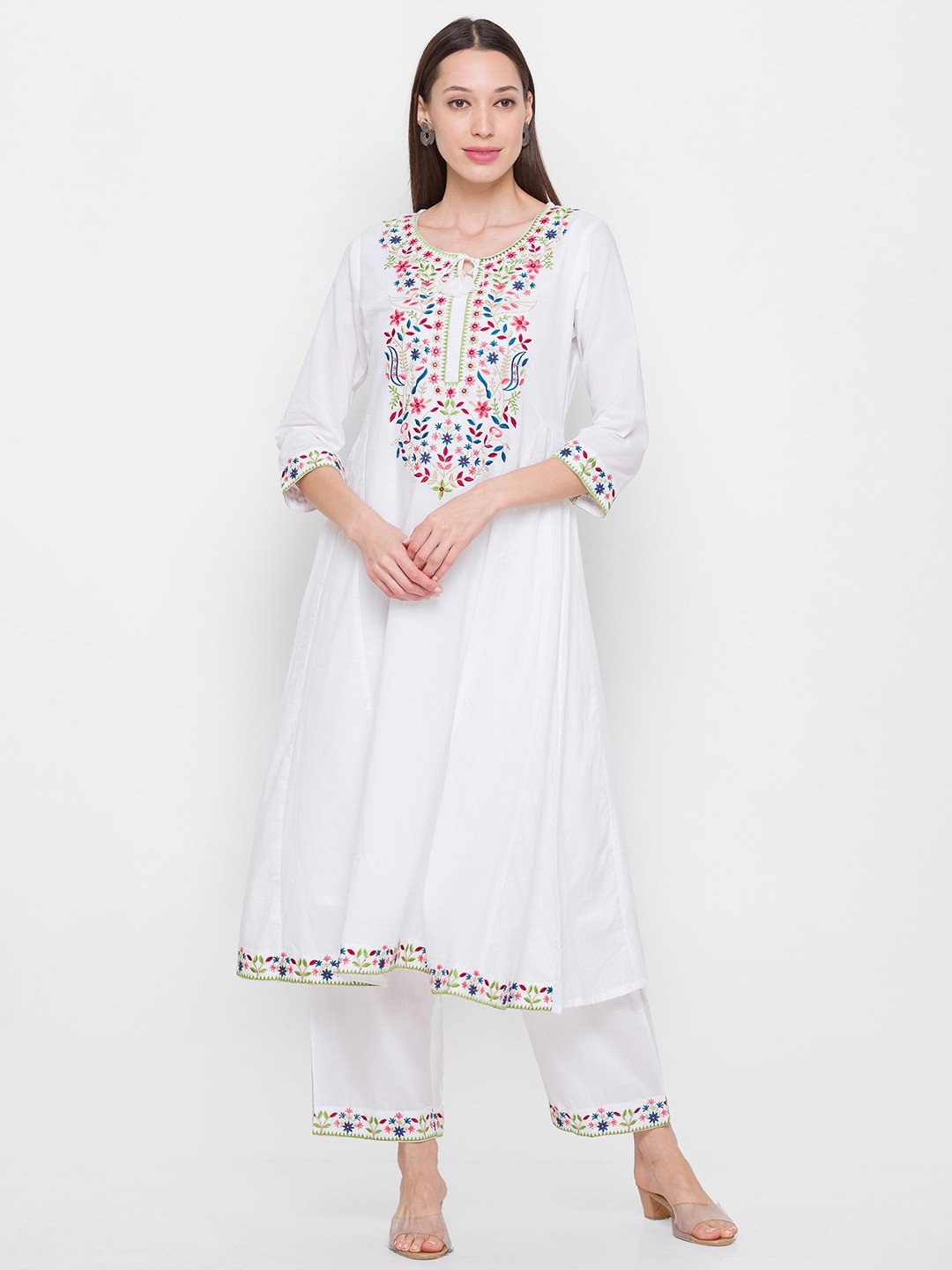 

ZOLA Women White Floral Yoke Design Thread Work Kurta with Sharara & Dupatta