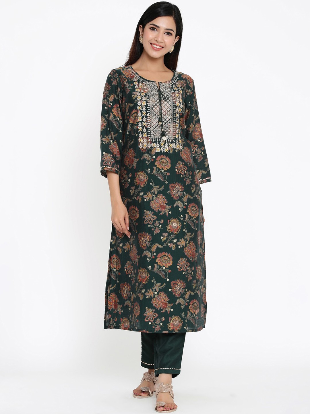 

ZOLA Women Green Floral Printed Thread Work Kurta with Trousers