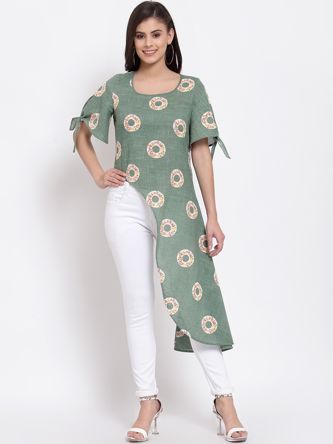 

Just Wow Women Olive Green Ethnic Motifs Printed Flared Sleeves Kurta