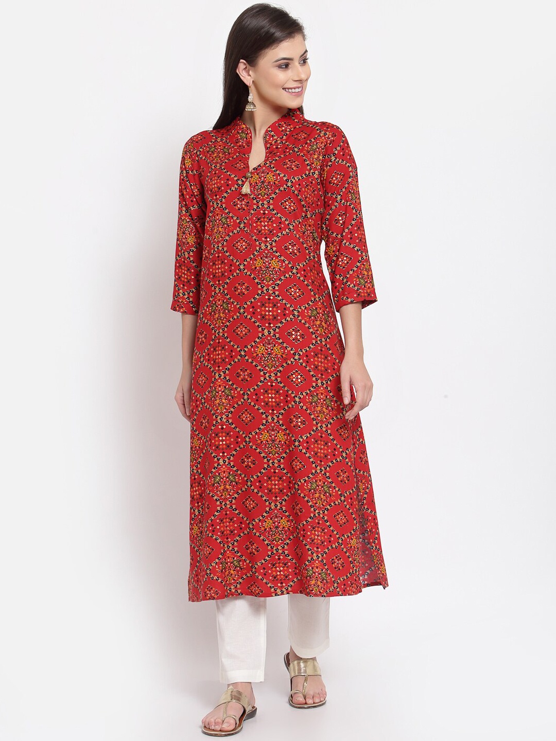 

Just Wow Women Red & Mustard Yellow Geometric Printed Kurta