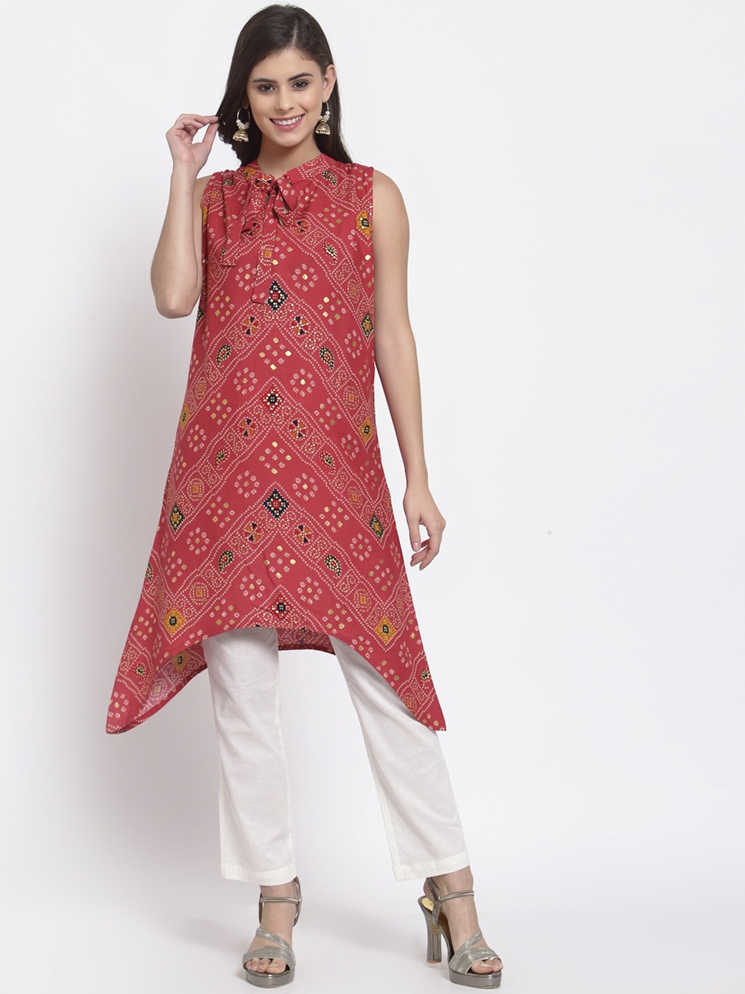 

Just Wow Women Red & Mustard Yellow Bandhani Printed Keyhole Neck Kurta