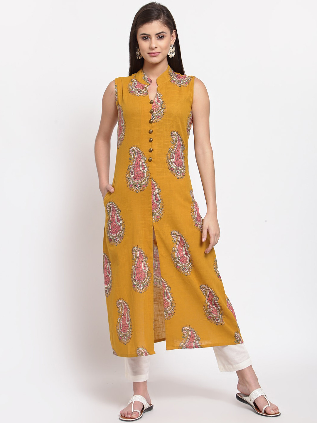 

Just Wow Women Mustard Yellow & Pink Paisley Printed Kurta
