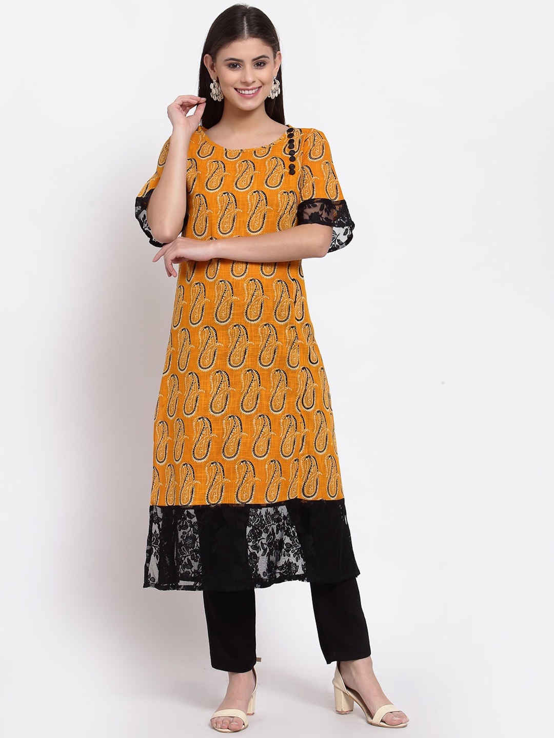 

Just Wow Women Mustard Yellow & Black Paisley Printed Kurta