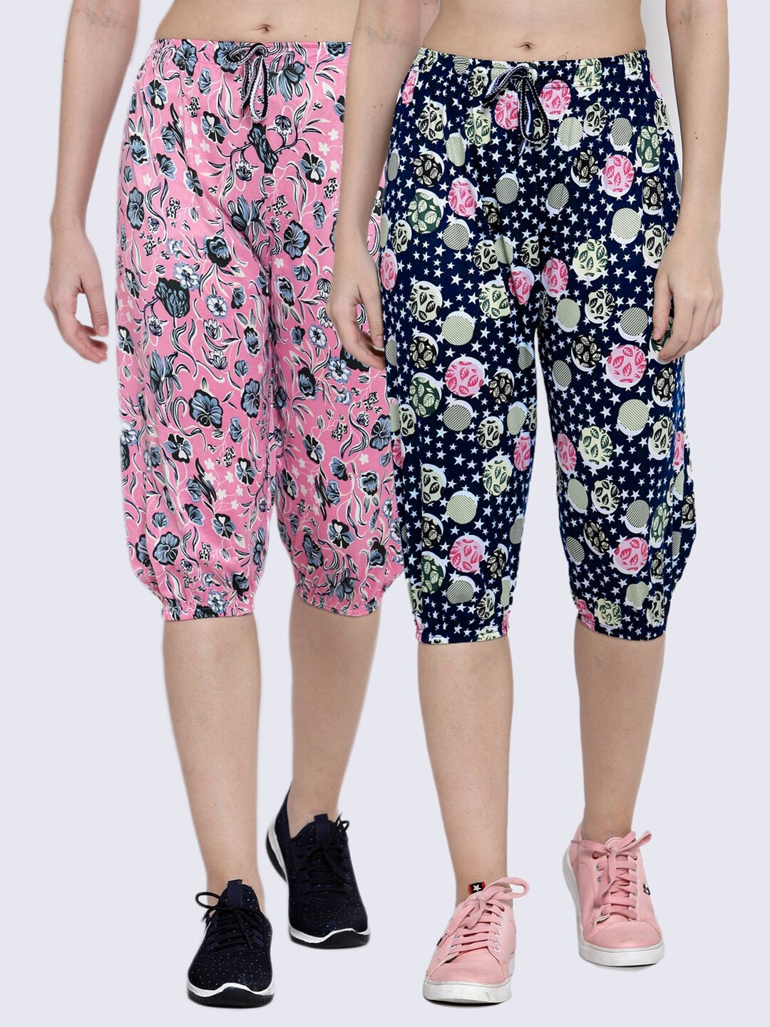 

KLOTTHE Women Pack Of 2 Navy Blue & Pink Printed Capris
