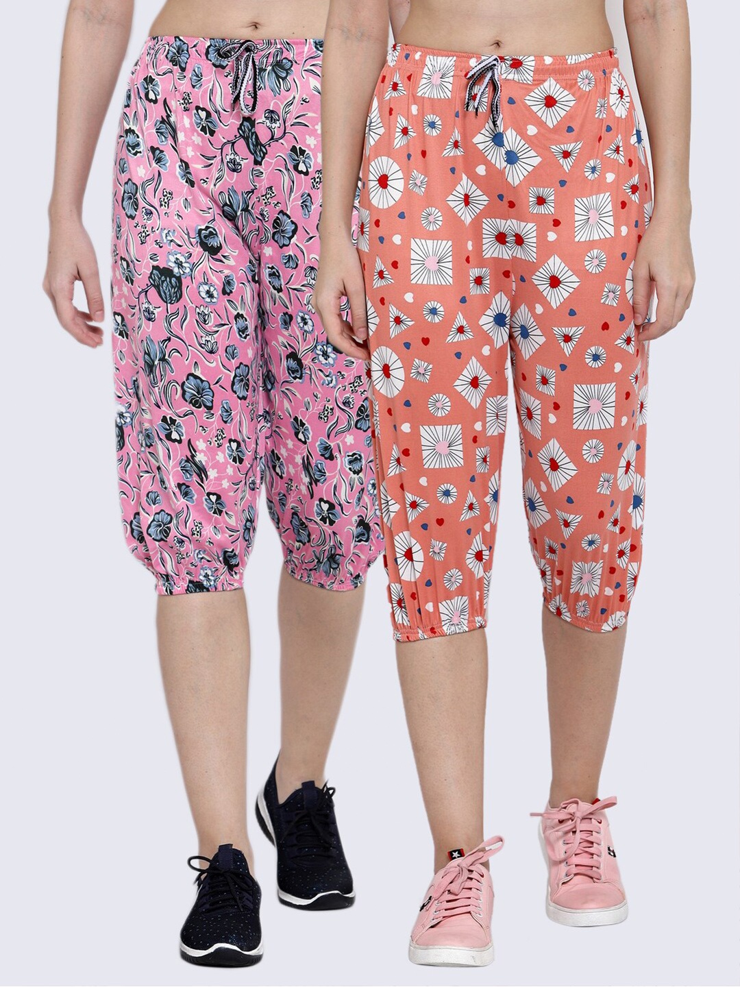 

KLOTTHE Women Orange & Pink Set of 2 Printed Capris