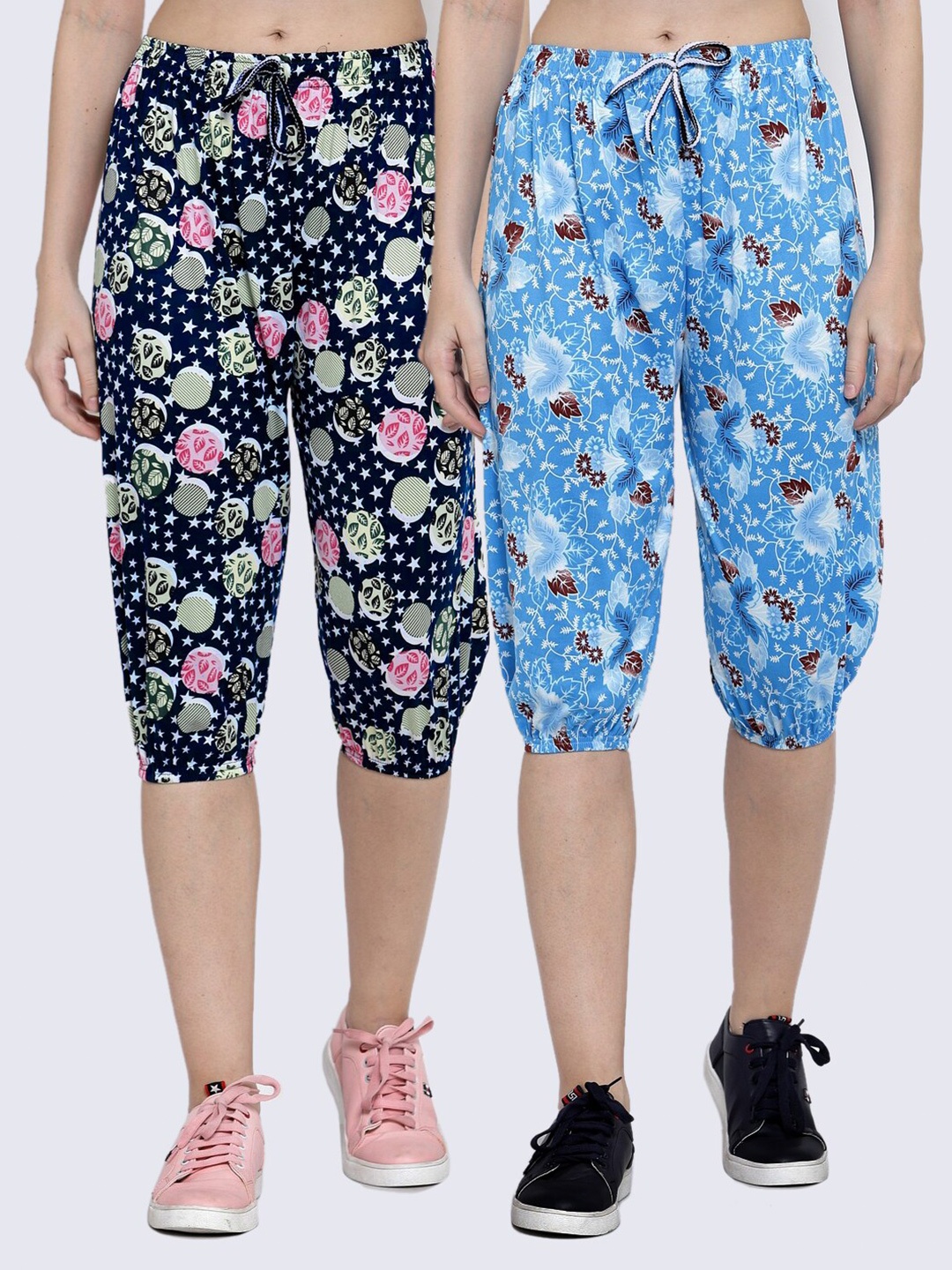 

KLOTTHE Women Set of 2 Blue & Navy Blue Printed Capris