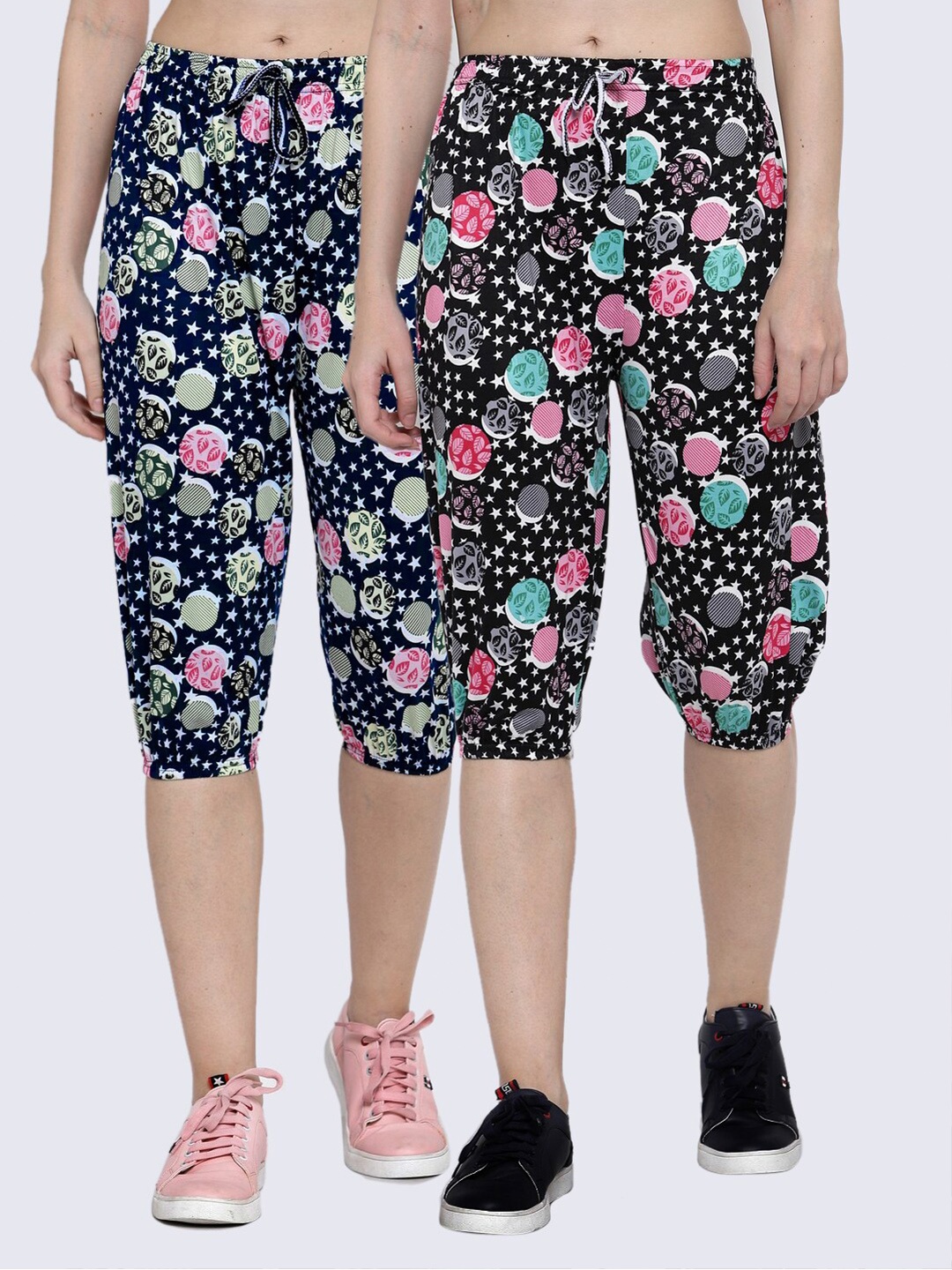 

KLOTTHE Women Pack of 2 Black & Blue Printed Mid-Rise Capris