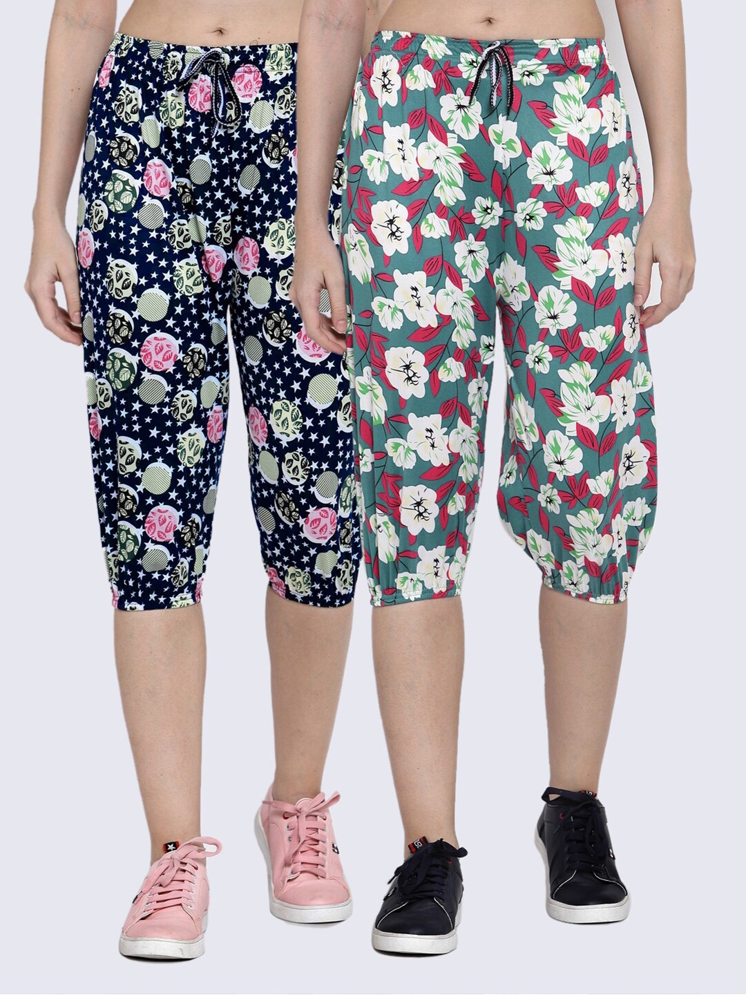

KLOTTHE Women Pack Of 2 Floral Printed Capris, Teal