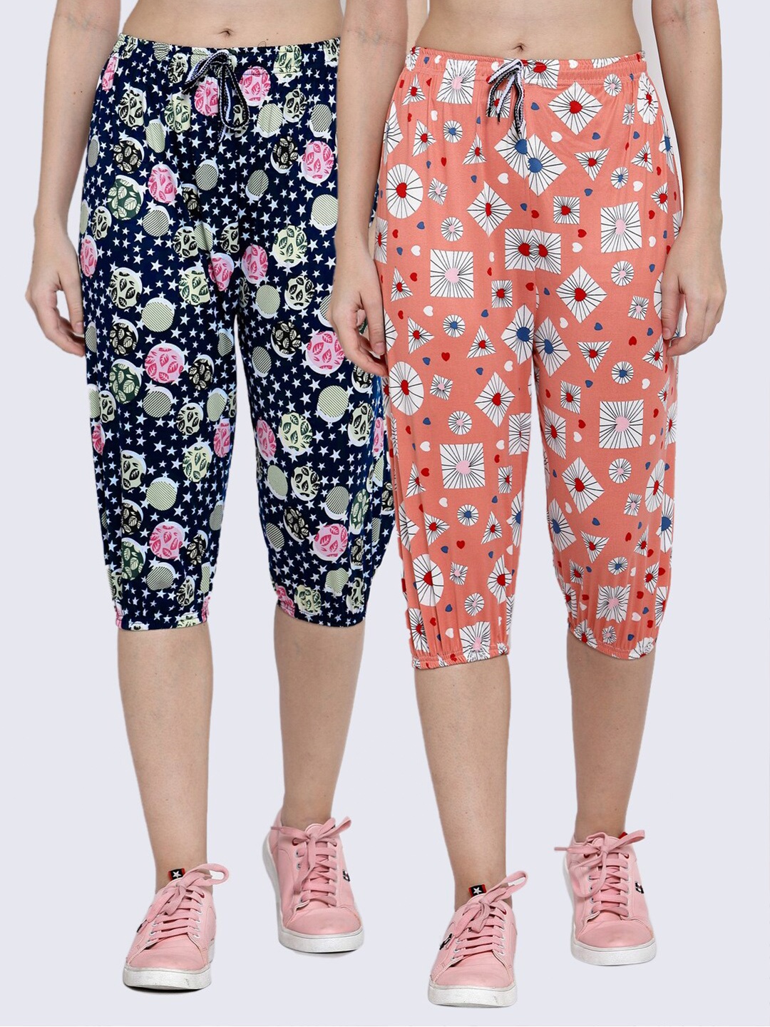 

KLOTTHE Women Orange & Blue Set of 2 Printed Capris