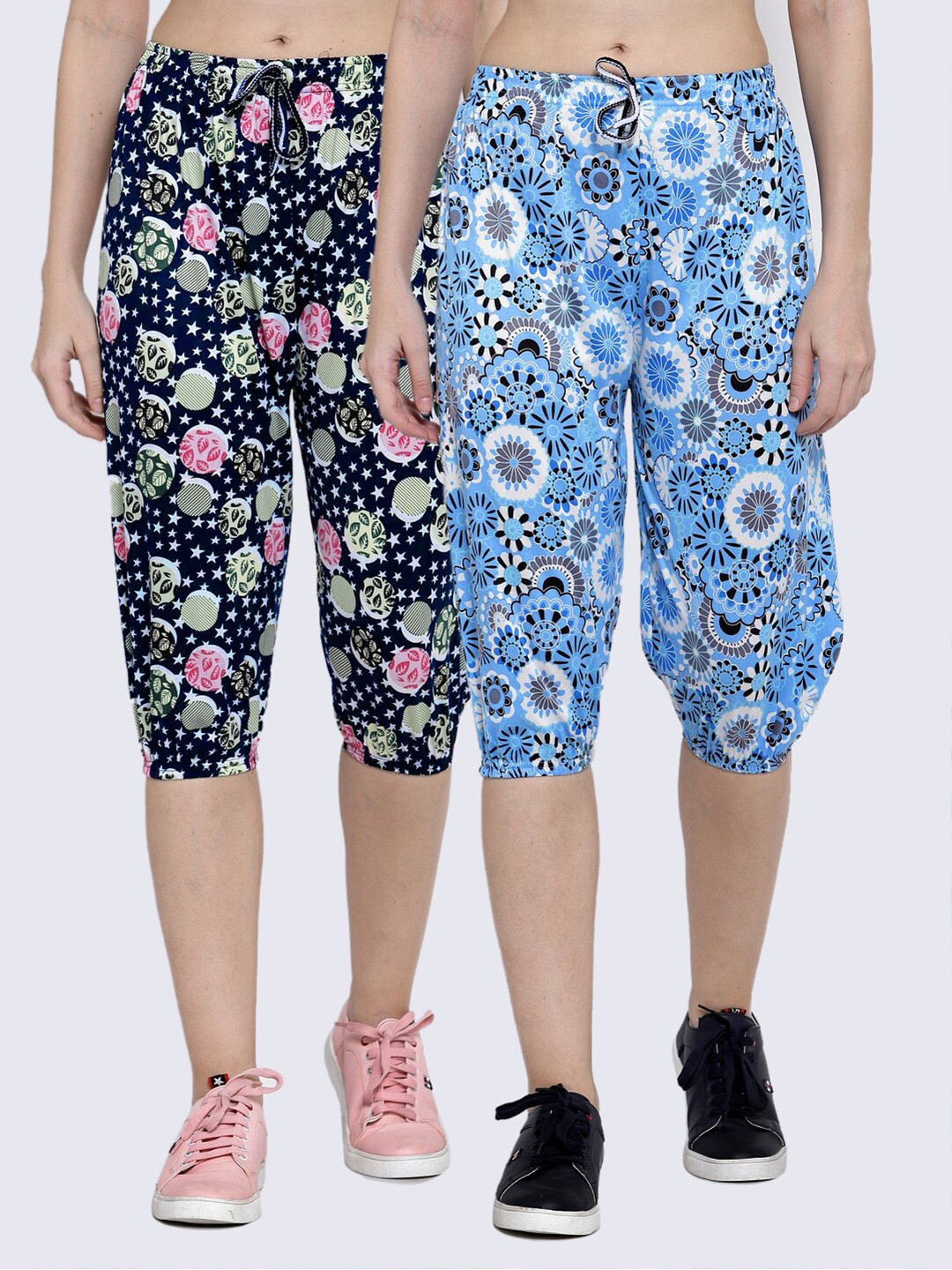 

KLOTTHE Women Pack of 2 Black & Blue Printed Capris