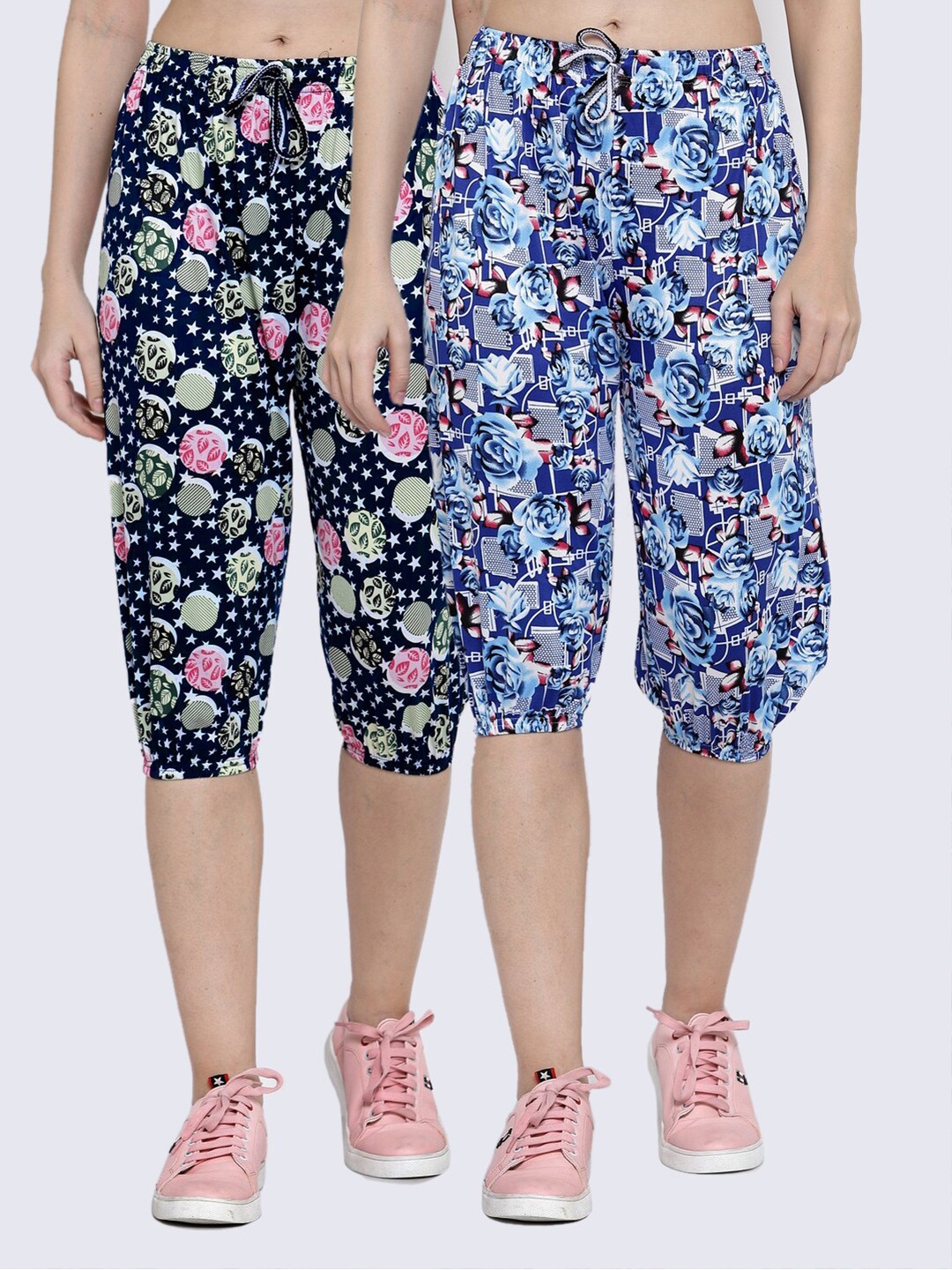 

KLOTTHE Women Pack of 2 Navy Blue & Pink Printed Mid-Rise Capris