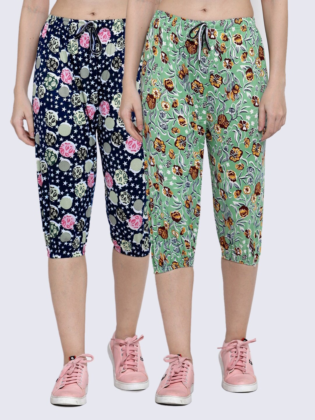 

KLOTTHE Women Green & Navy Blue Set of 2 Printed Capris