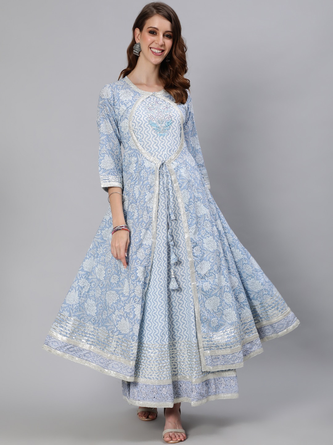 

Ishin Women Blue & White Ethnic Motifs Printed Gotta Patti Anarkali Kurta