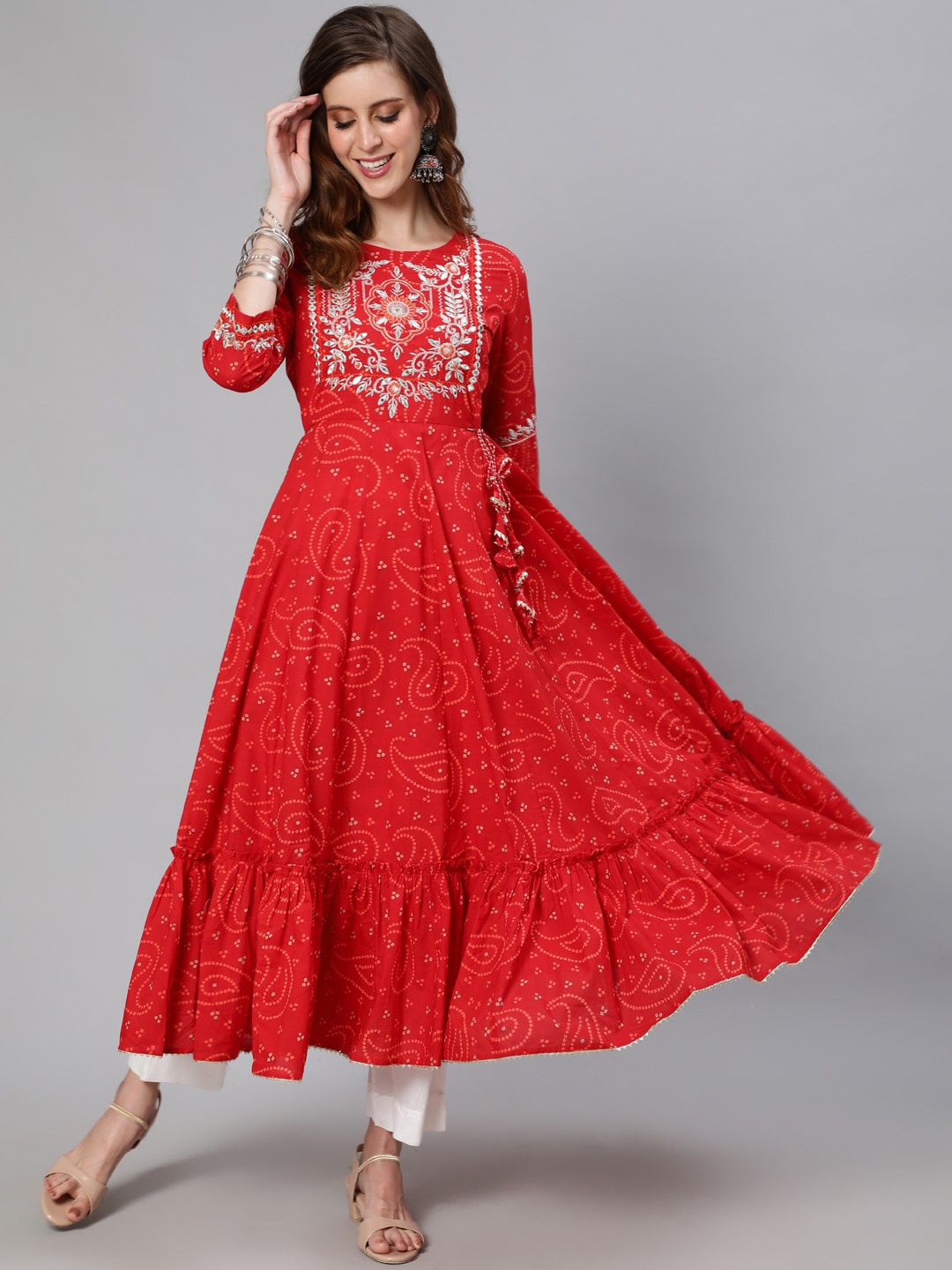 

Ishin Women Red Floral Printed Thread Work Anarkali Kurta