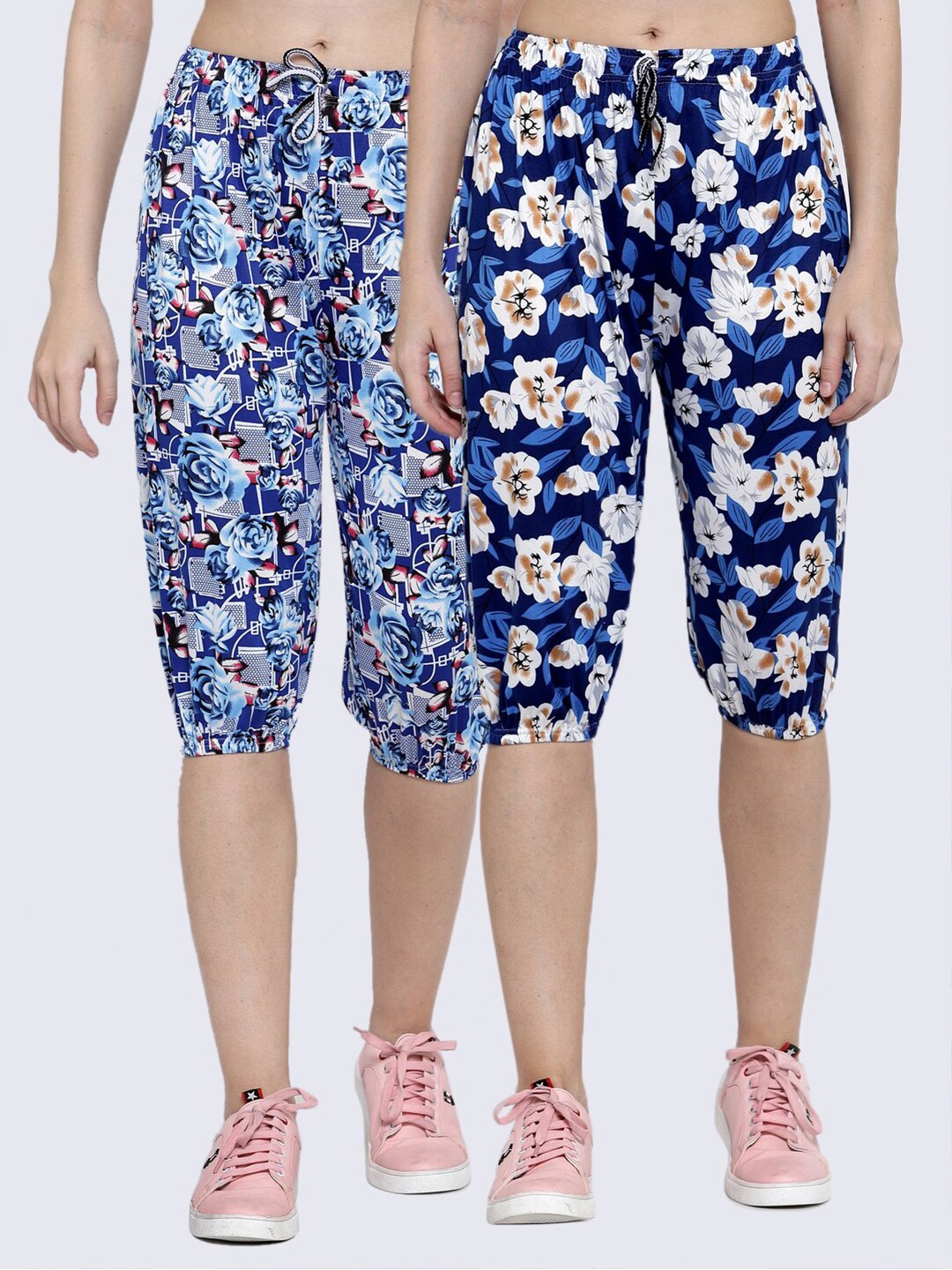 

KLOTTHE Women Pack of 2 Blue & White Floral Printed Capris