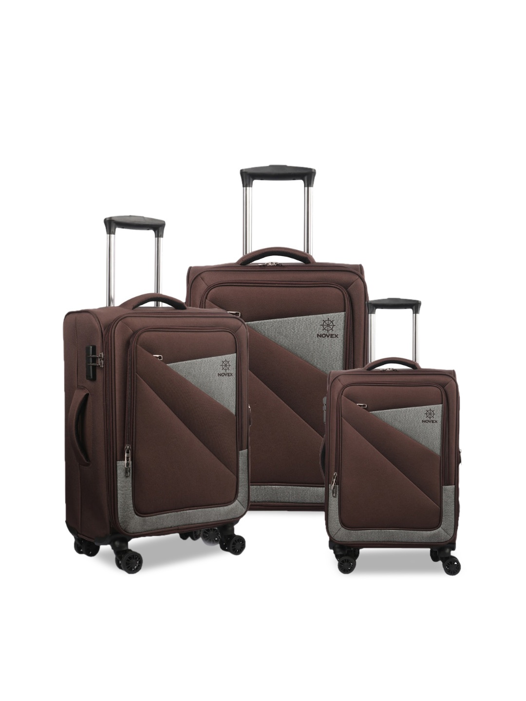 

NOVEX Set Of 3 Brown & Grey Soft-Sided Trolley Suitcases