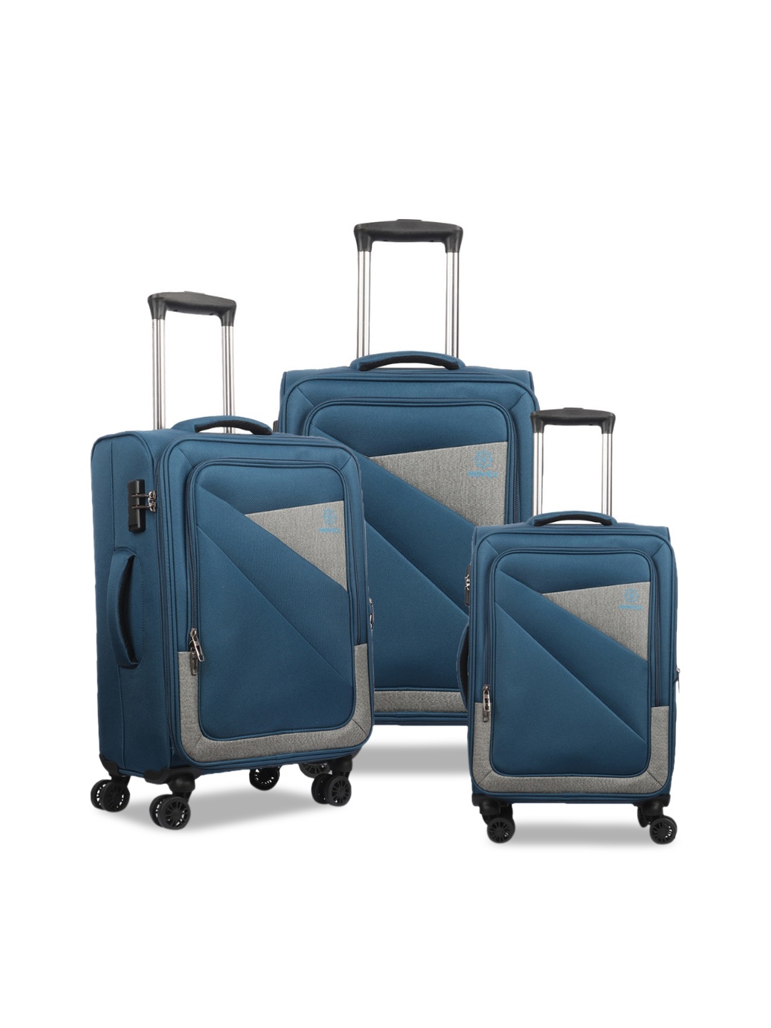 

NOVEX Set Of 3 Blue & Grey Solid Soft-Sided Trolley Suitcases
