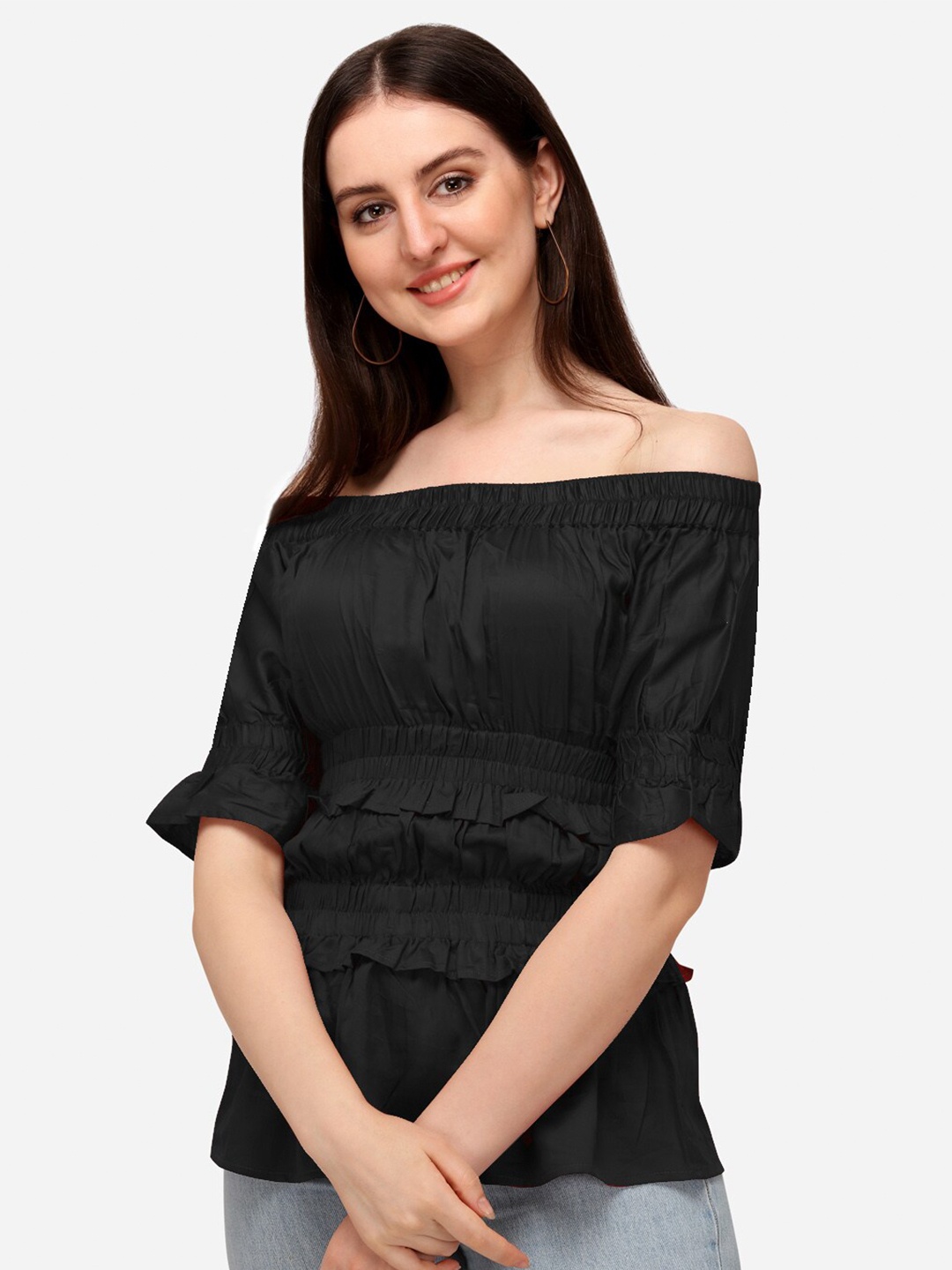 

VENISA Women Black Off-Shoulder Regular Top