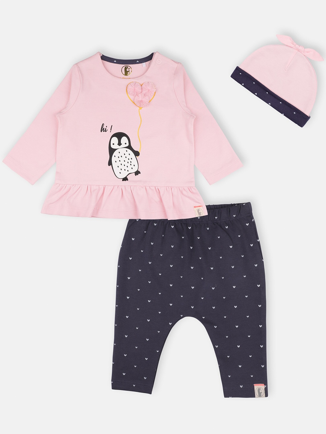 

Babysafe Girls Pink & Navy Blue Printed Top with Capris & Beanie