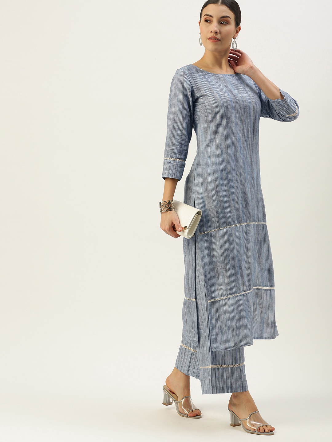 

Saanjh Women Blue Striped Regular Pure Cotton Kurta with Palazzos