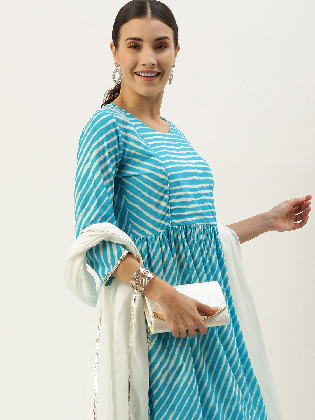 

Saanjh Women Blue Striped Regular Pure Cotton Kurta with Palazzos & With Dupatta