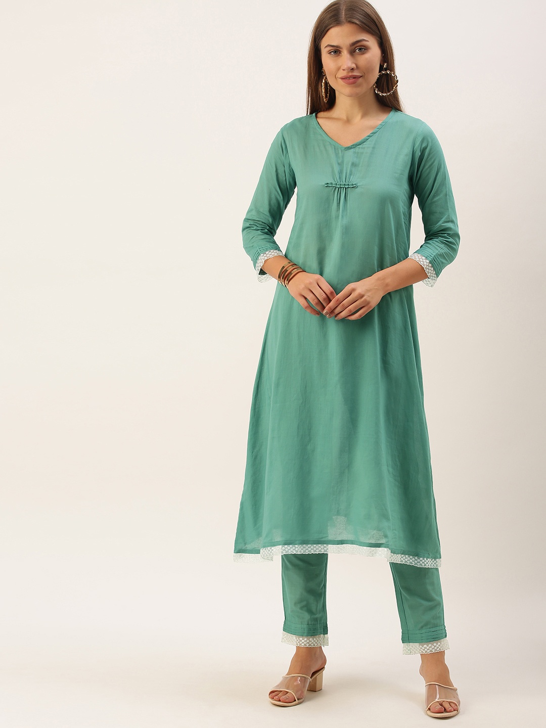 

Saanjh Women Teal Regular Pure Cotton Kurta with Palazzos