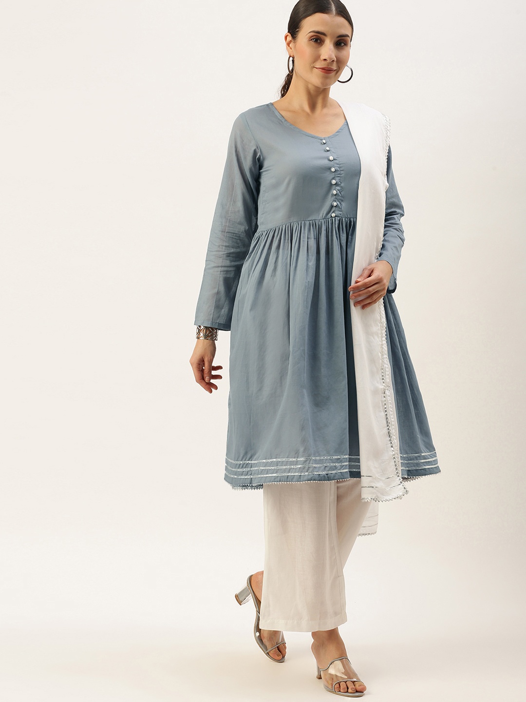 

Saanjh Women Grey Pleated Pure Cotton Kurta with Palazzos & With Dupatta