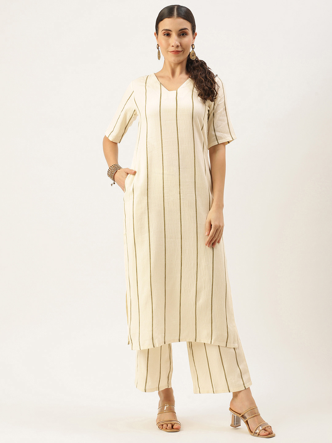 

Saanjh Women Off White Striped Regular Pure Cotton Kurta with Palazzos