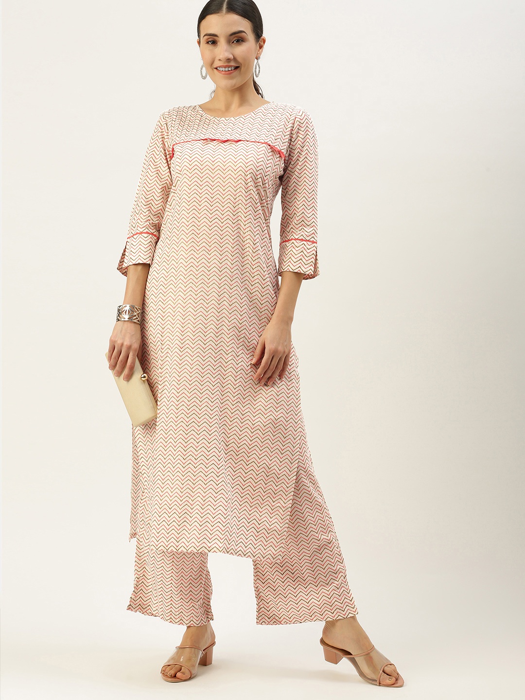 

Saanjh Women Cream-Coloured Printed Regular Pure Cotton Kurta with Palazzos