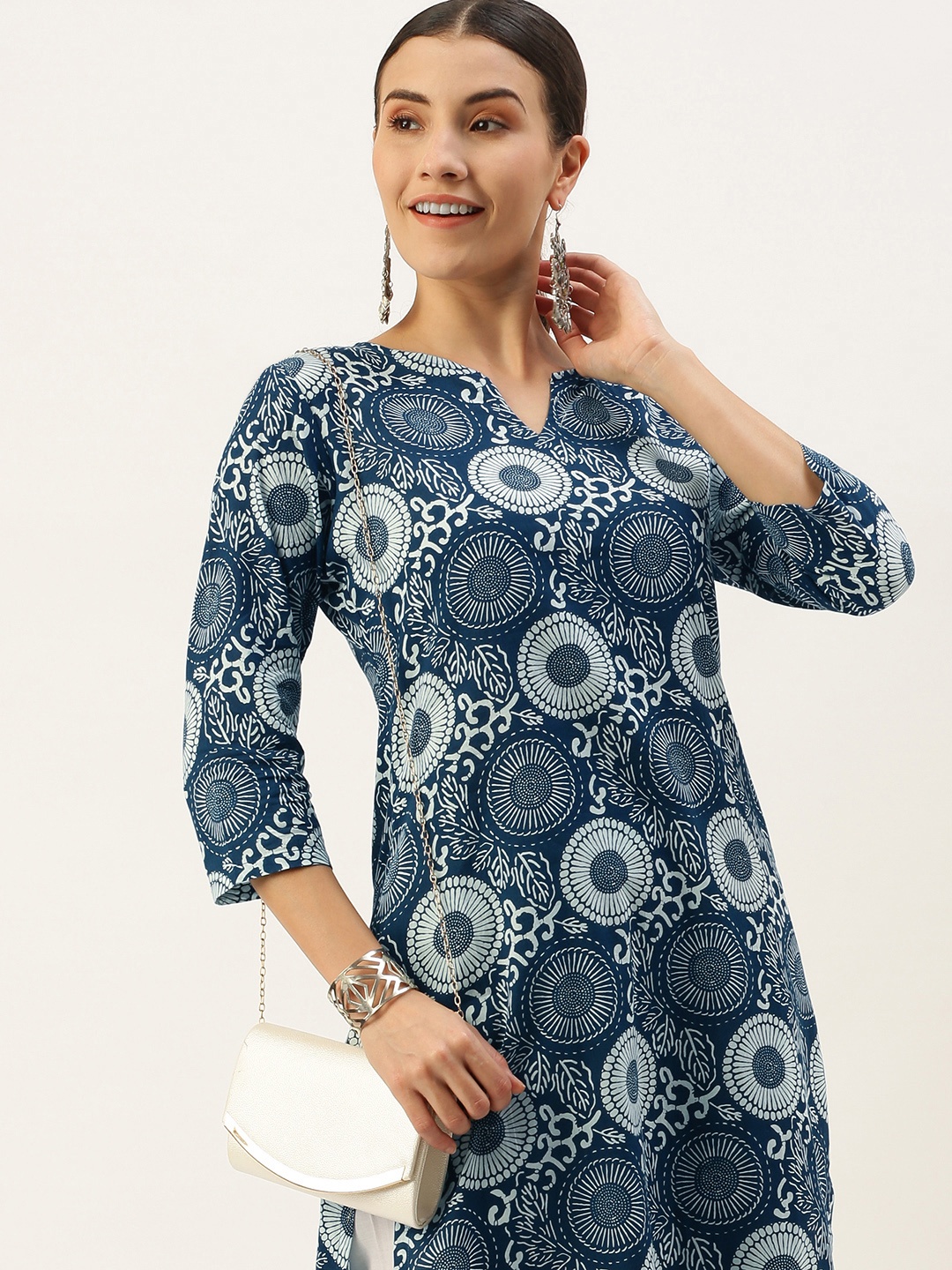 Saanjh Women Blue Printed Regular Pure Cotton Kurta with Palazzos