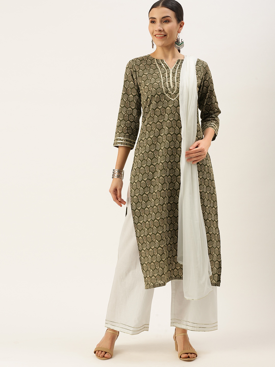 

Saanjh Women Green Ethnic Motifs Printed Regular Pure Cotton Kurta with Palazzos & With Dupatta