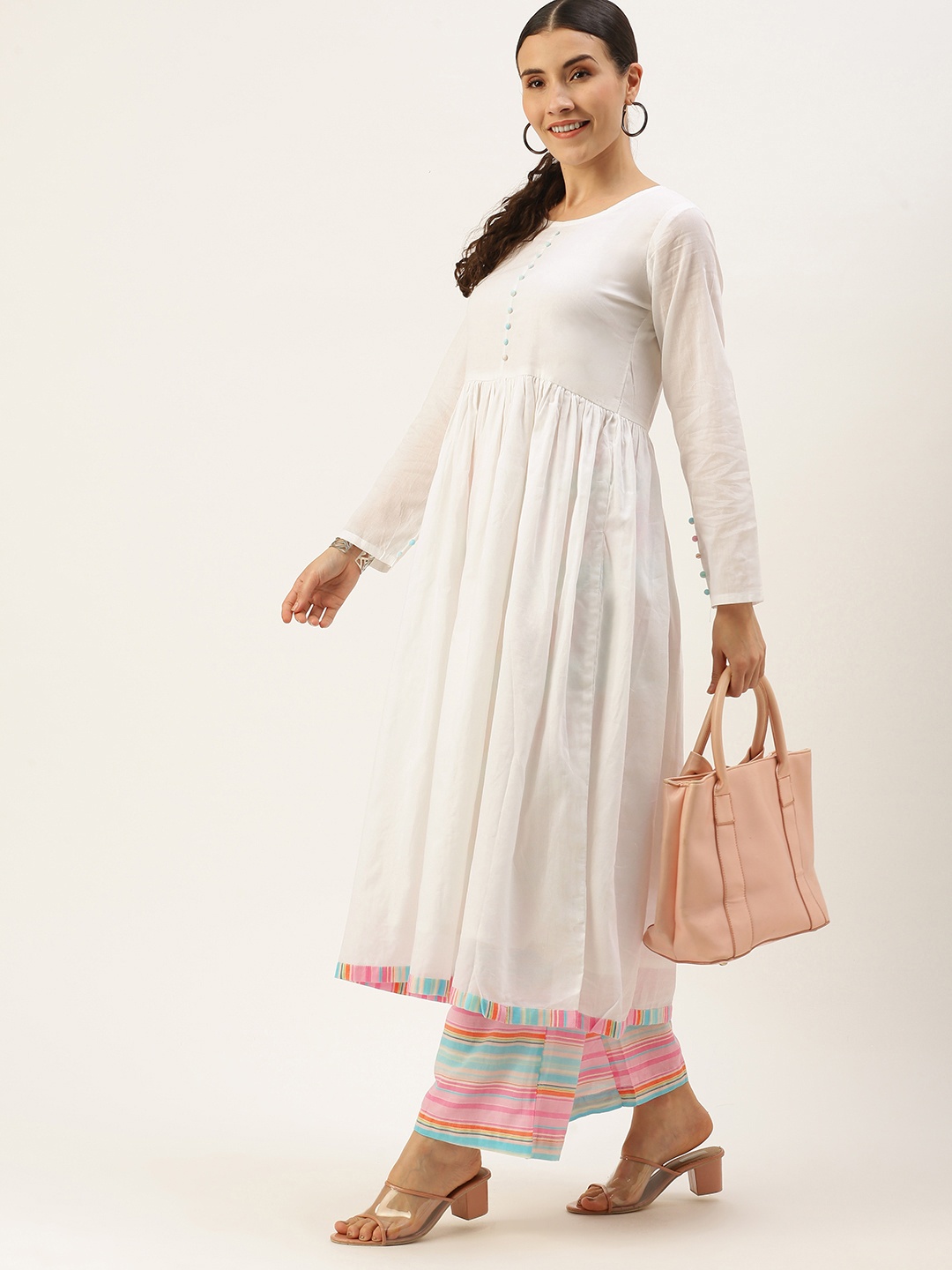 

Saanjh Women White Pleated Pure Cotton Kurta with Palazzos