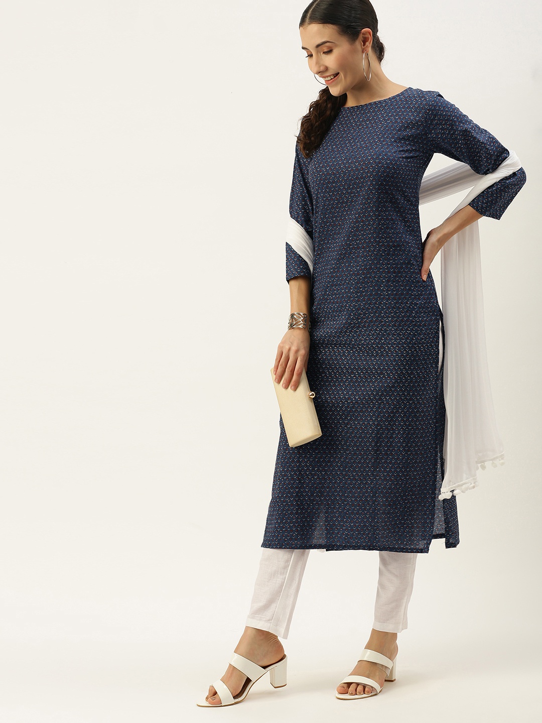 

Saanjh Women Navy Blue Ethnic Motifs Printed Regular Pure Cotton Kurta with Palazzos & With Dupatta