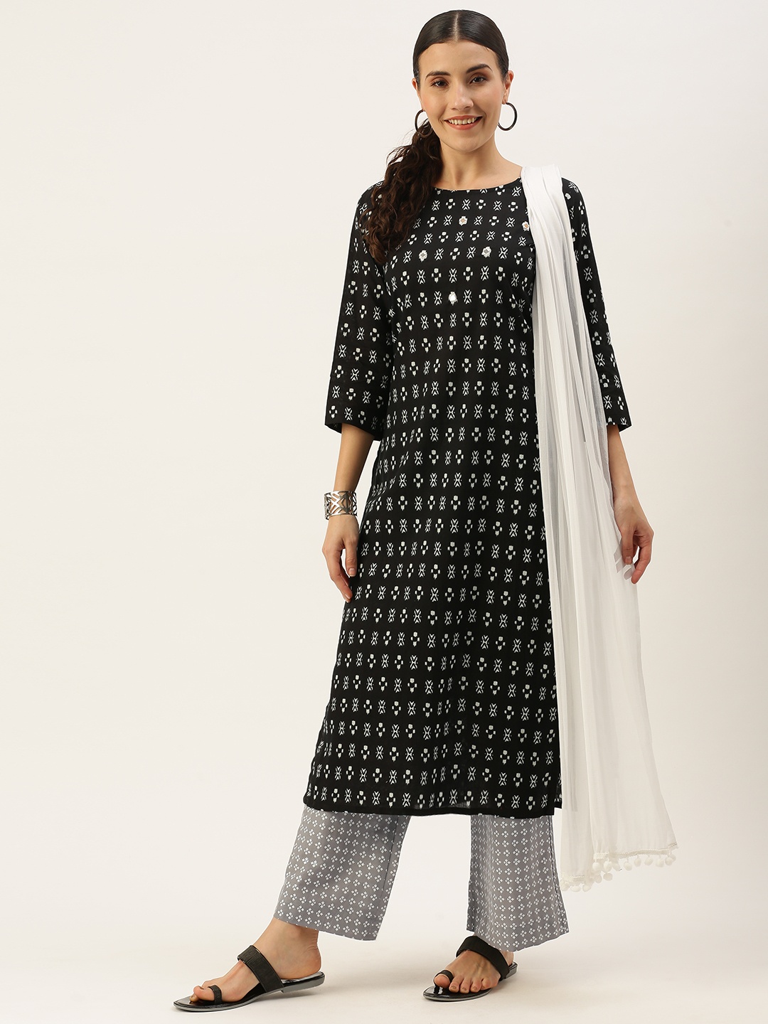 

Saanjh Women Black Ethnic Motifs Printed Regular Pure Cotton Kurta with Palazzos & With Dupatta